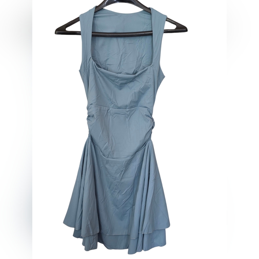 Kaxamil Light Blue Square Neck Ruffle Hem Mini Dress Ruched Waist Size Small NWT